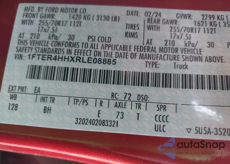 2024 Ford Ranger Xlt z USA, uszkodzony, nr VIN 1FTER4HHXRLE08885